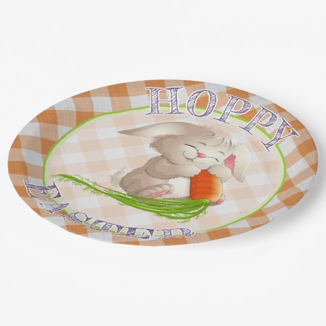 Hoppy Happy Oaster Bunny Orange Gingham Pattern Pappteller (Schrägansicht)
