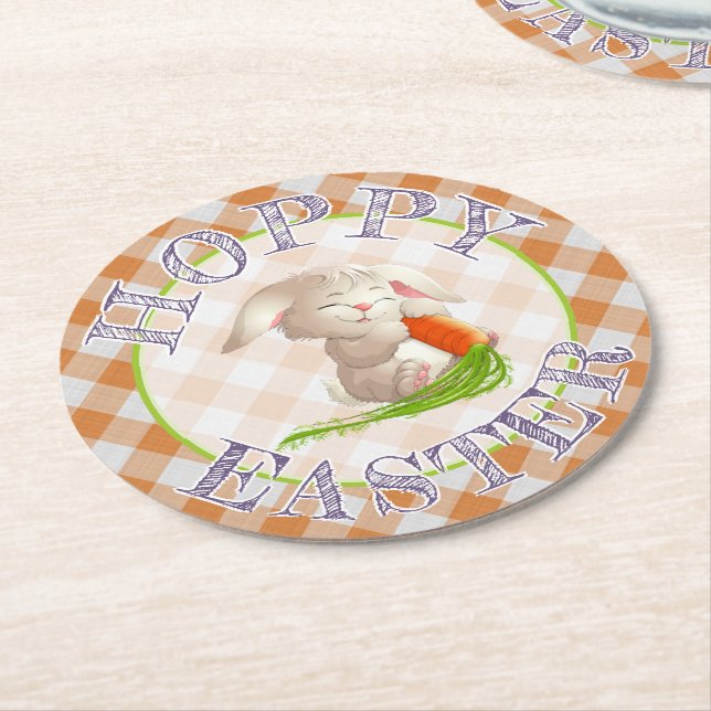 Hoppy Happy Oaster Bunny Orange Gingham Pattern Runder Pappuntersetzer (Angewinkelt)