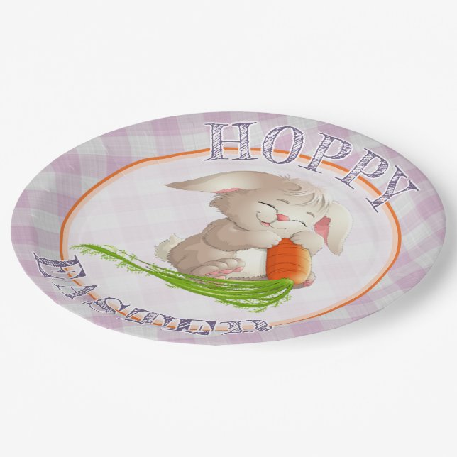 Hoppy Happy Oaster Bunny Pink Gingham Pattern Pappteller (Schrägansicht)