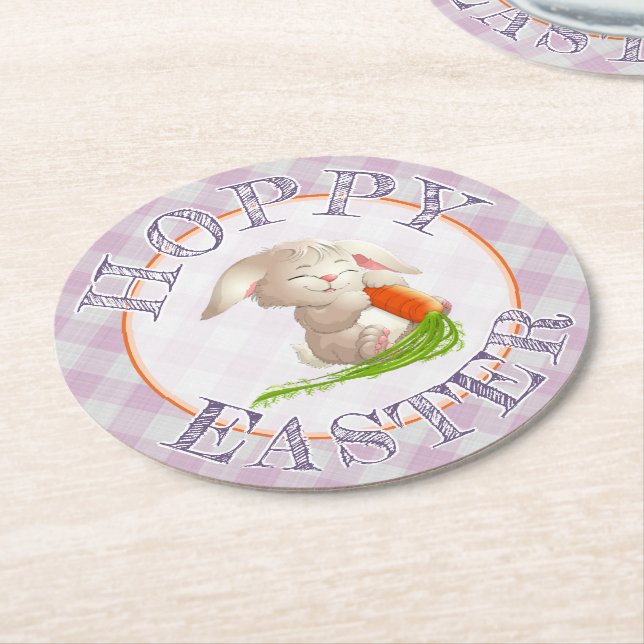 Hoppy Happy Oaster Bunny Pink Gingham Pattern Runder Pappuntersetzer (Angewinkelt)