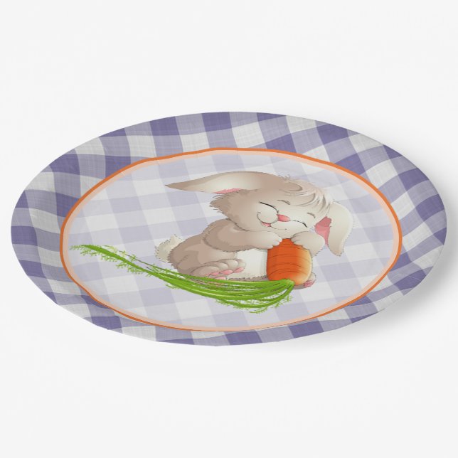 Hoppy Happy Oaster Bunny Violet Gingham Pattern Pappteller (Schrägansicht)