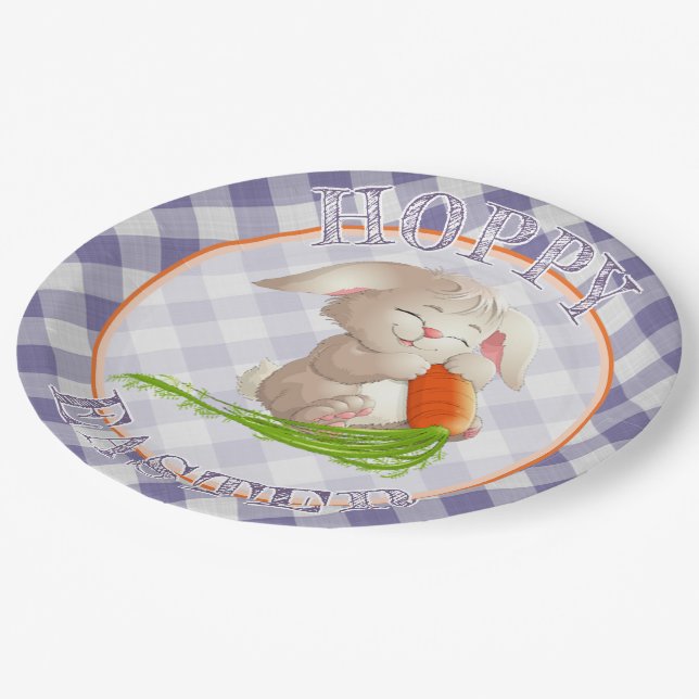 Hoppy Happy Oaster Bunny Violet Gingham Pattern Pappteller (Schrägansicht)