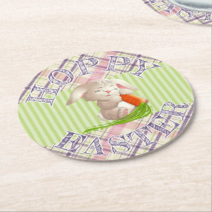Hoppy Happy Ostersonnige Streifen und Kariertes Mu Runder Pappuntersetzer
