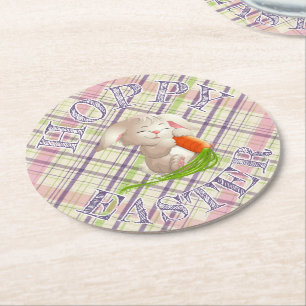 Hoppy Happy Ostersonnige Streifen und Kariertes Mu Runder Pappuntersetzer
