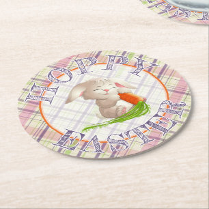 Hoppy Happy Ostersonnige Streifen und Kariertes Mu Runder Pappuntersetzer