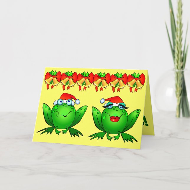 Hoppy Holidays Cartoon Frogs Weihnachtsmannmützen  Feiertagskarte (Vorderseite)