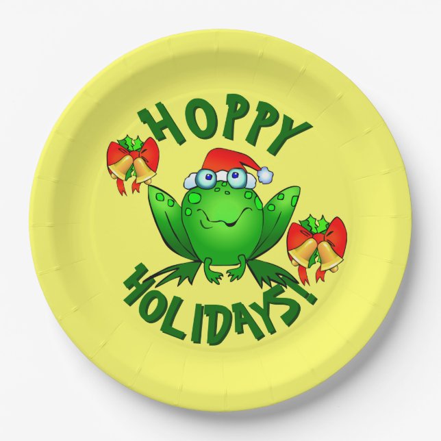Hoppy Holidays Cartoon Weihnachtsfrosch Bells Pappteller (Vorderseite)