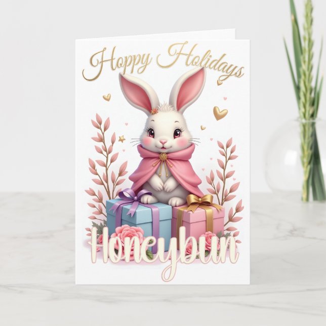 Hoppy Holidays – Honeybun Bunny Feiertagskarte (Vorderseite)
