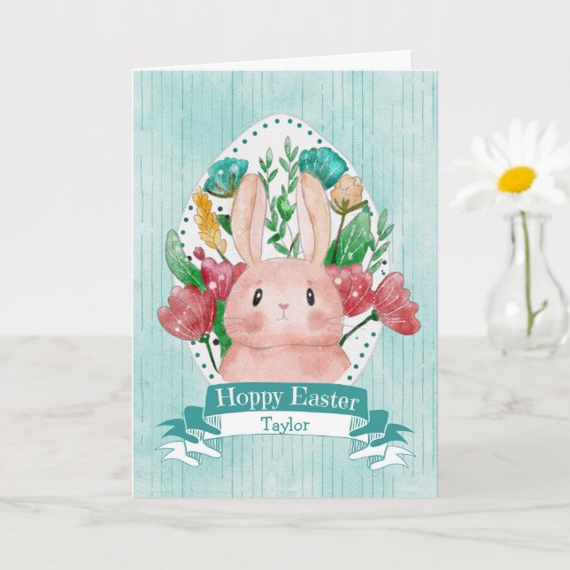 Hoppy Oaster Bunny mit Blume Karte (Kleine Pflanze)