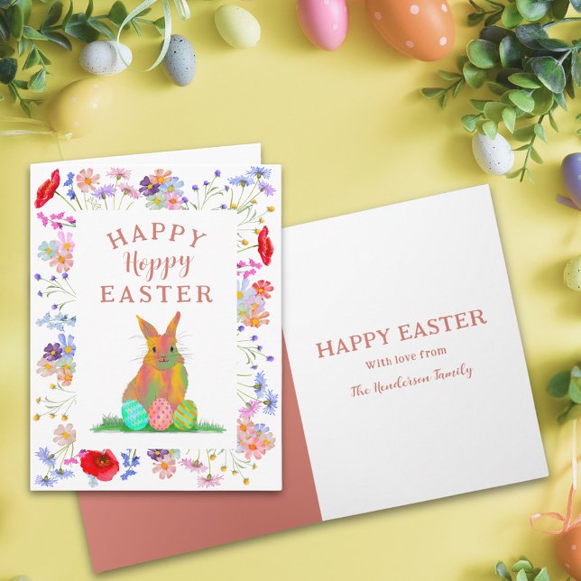 Hoppy Oaster Bunny und Eier Blüte Karte (Personalized happy hoppy Easter cute bunny watercolor colorful spring floral folded greetings card)
