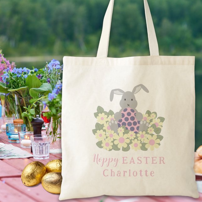 Hoppy Oaster Egg Hunt Bunny Floral Tragetasche (Personalized girls name Easter egg hunt cute bunny daisy floral pink tote bag)