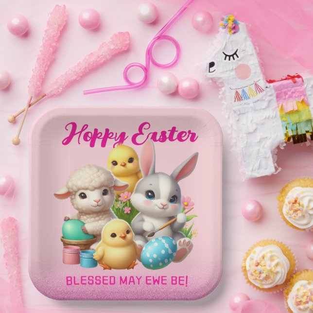 Hoppy Oaster Niedlich Bunny Chicks Lamm Malereieie Pappteller (Party)