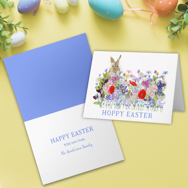 Hoppy Oaster Niedlich Bunny und Spring Floral Karte (Personalized hoppy easter cute bunny colorful wildflower meadow spring floral holiday greetings card)