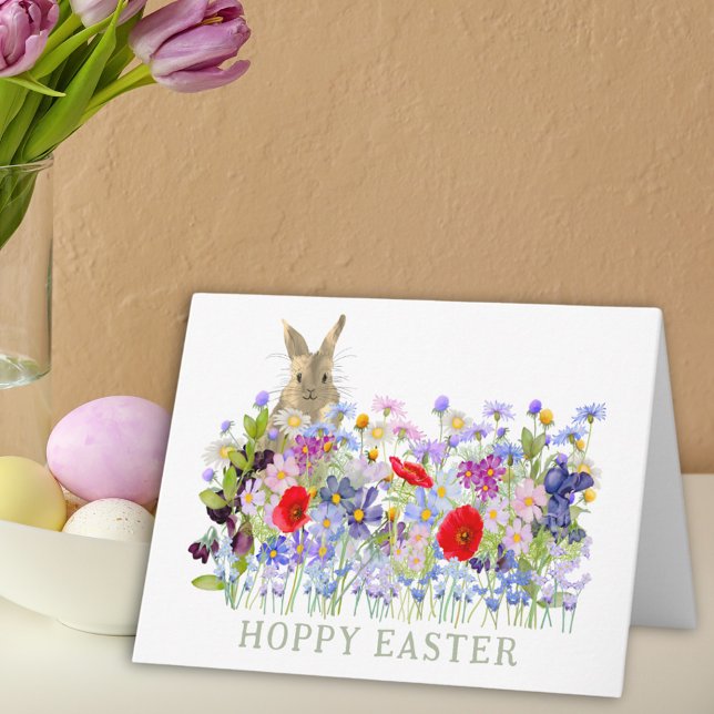 Hoppy Oaster Niedlich Bunny und Wildblumen Karte (Hoppy Easter bunny and wildflower watercolor custom folded holiday greetings card)