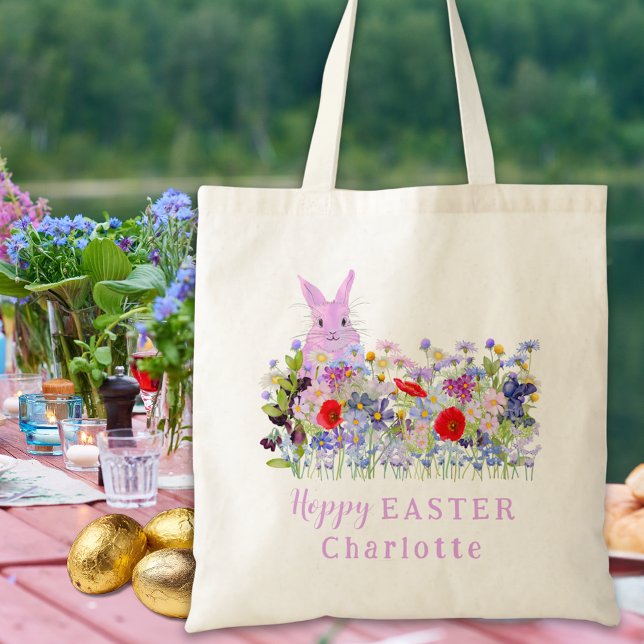 Hoppy Ostereier Jagd Rosa Sonnenblumen Wildblumen  Tragetasche (Personalized girl name easter egg hunt cute pink bunny wildflower meadow floral garden party tote )