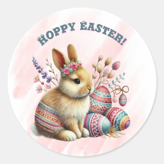 Hoppy Osterkaninchen Ostereier Runder Aufkleber (Vorderseite)