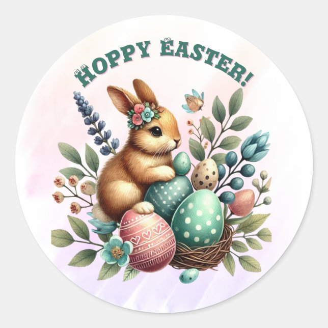 Hoppy Osterkaninchen Ostereier Runder Aufkleber (Vorderseite)