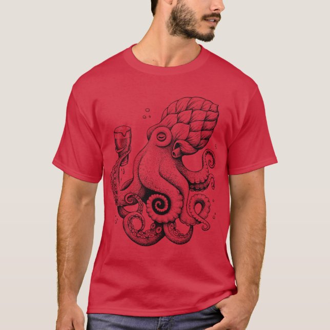 Hoptopushe Beer Drinking Octopus T-Shirt (Vorderseite)