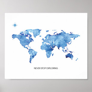 Höre Nie Auf, Die Blaue Weltkarten-Reise-Drucke Zu Poster