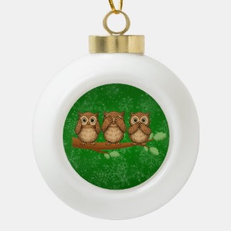 Höre, sieh und sprich kein Böses Eulen Keramik Kugel-Ornament