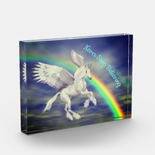 Hören Sie nie auf, über Regenbogen Unicorn zu glau Fotoblock (Links)