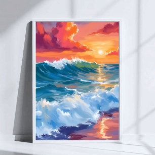 Horizont des Lichts   Ozeanwellen Sonnenuntergang  Poster