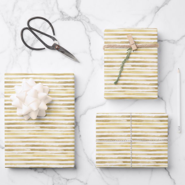 Horizontal gestrichene Streifen in Gold Geschenkpapier Set (Vorderseite)