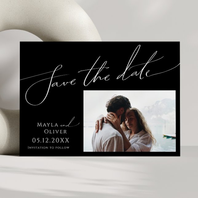 Horizontal Minimalistisches Script Black Foto Save The Date (Von Creator hochgeladen)