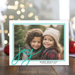 Horizontal Photo - large Joy Script white border - Feiertagspostkarte<br><div class="desc">FRONT DESIGN: The horizontal photo is framed with a white and blue border. A modern look for a holiday photo card with a large "joy" in a funky, handwritten script font in a blue color. For advanced users, you can go to the design area and change the colors. The background...</div>