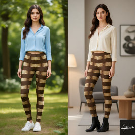 Horizontal Stripe Brown Champagne Metallic Glossy Leggings