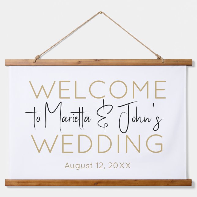 Horizontal White Gold Elegante Hochzeit Begrüßungs Wandteppich Mit Holzrahmen (Vorne)