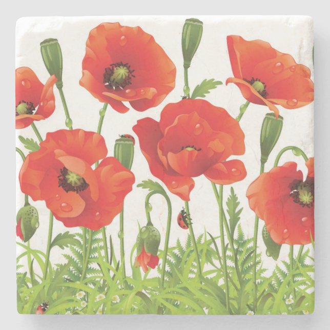 Horizontale Grenze mit roter Mohnblume Steinuntersetzer (Vorderseite)