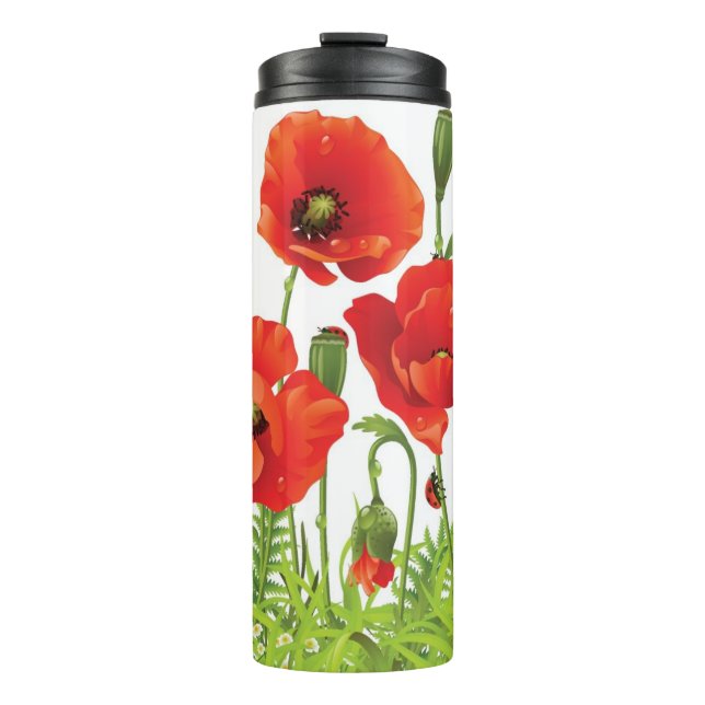 Horizontale Grenze mit roter Mohnblume Thermosbecher (Vorderseite)