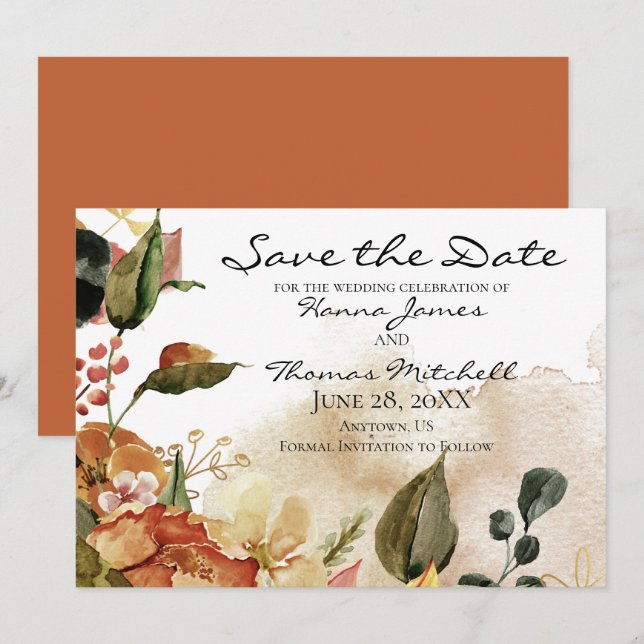 Horizontale Hochzeit der Wasserfarben im Herbst Save The Date (Vorne/Hinten)