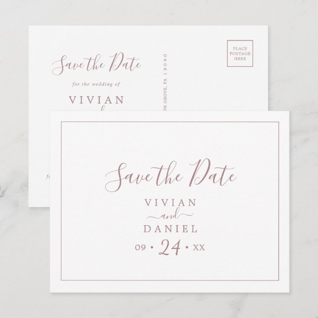 Horizontale Minimalistische Rose Save the Date Pos Einladungspostkarte (Vorne/Hinten)