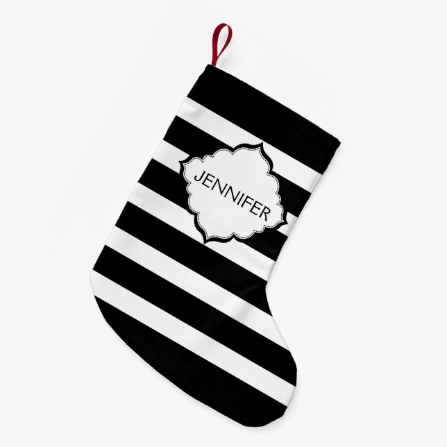 Horizontale schwarze und weiße Streifen Kleiner Weihnachtsstrumpf (Vorderansicht (hängend))