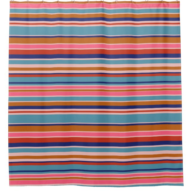 Horizontale Streifen blaurosa Terracotta Retro Duschvorhang (Vorderseite)