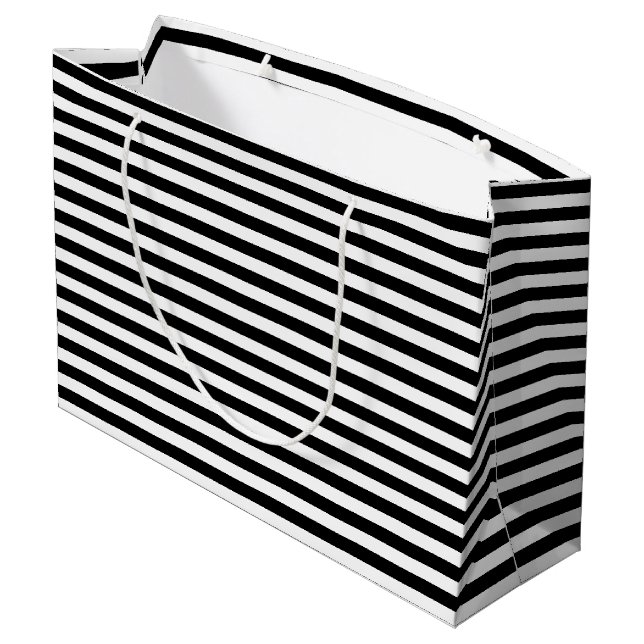 Horizontale Streifen in Schwarz und Weiß Große Geschenktüte (Rückseite Schrägansicht)