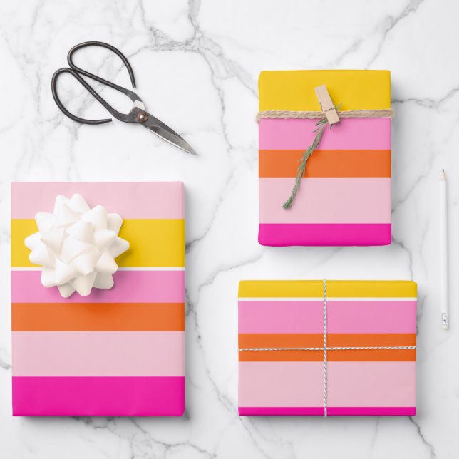 Horizontale Streifen Rosa Gelb Streifen Geschenkpapier Set (Vorderseite)