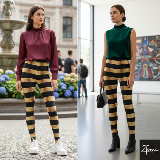 Horizontale Streifen Schwarz Gold Metallisch Glänz Leggings