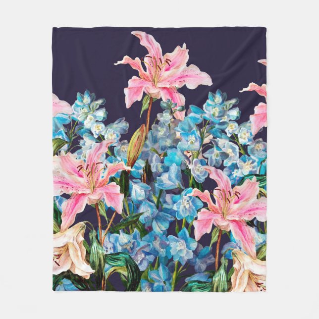 Horizontaler Blumenrand. Lilien und Delphinien,  Fleecedecke (Vorderseite)