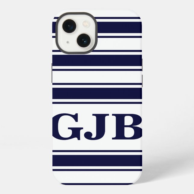 Horizontaler Navy-Streifen mit Monogramm iPhone Hülle (Rückseite)