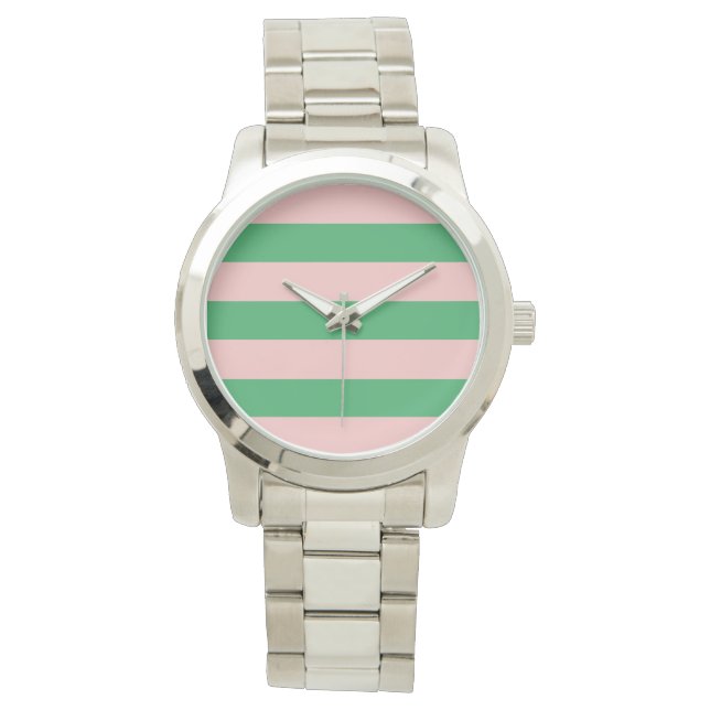 Horizontaler rosa und grüner Streifen | Jede Größe Armbanduhr (Vorderseite)
