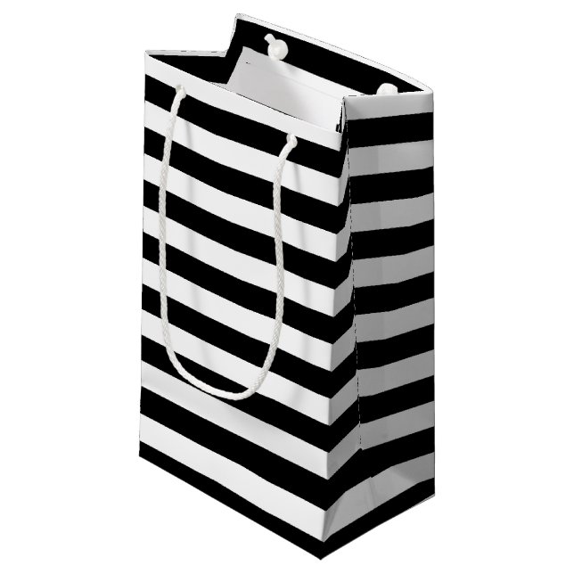 Horizontales Schwarz-Weiß-Streifen Kleine Geschenktüte (Vorderseite Schrägansicht)
