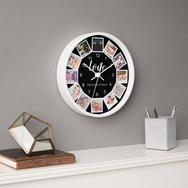 Horloge 12 Photo Collage Personalized Black White (Bureau)