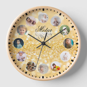 Horloge 12 Photos collage Nom personnalisé Style doré