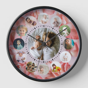 Horloge 13 Photos collage Nom personnalisé Rosy Watch