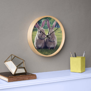 Horloge 2 lapins mignons à l'horloge de champ