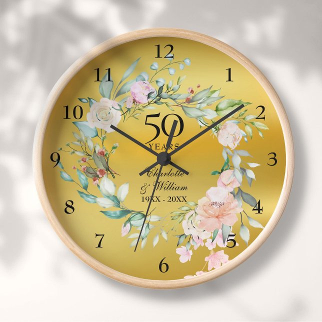 Horloge 50e anniversaire Mariage Rose Floral Gold (50th Wedding Anniversary Roses Floral Gold Foil Clock)