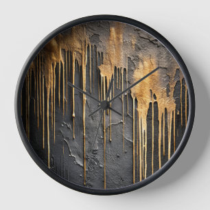 Horloge Abstrait Moderne Noir et Coulures d'Or Métallisé